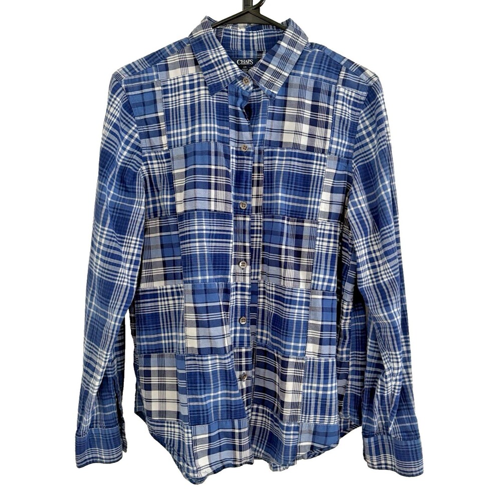 CHAPS Shirt Women's Large Button Down Long Sleeve Madras Blue Plaid 100% Cotton